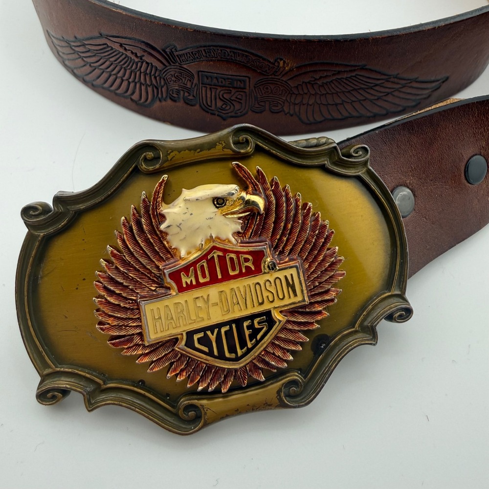 Vintage Harley-Davidson Leather Belt 1978 RainTree Eagle Buckle USA 32/34 Biker